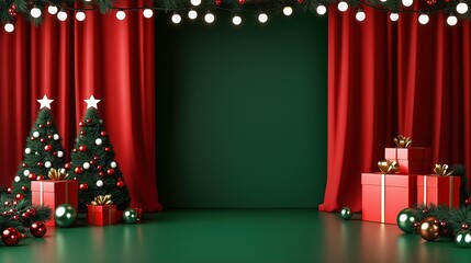 Christmas background with red curtain, green wall and gift boxes on floor in front of dark stage backdrop for New Year concept banner design