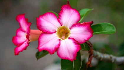 Close-up of pink and white desert rose flower with a yellow center and green leaves against a blurred background