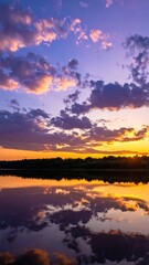 Fototapeta premium Beautiful sunset over a serene lake, reflecting colors in its water