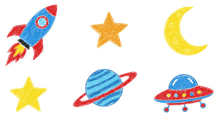 Whimsical childlike crayon drawing of a space-themed collection featuring a flying rocket, Saturn, radiant stars, crescent moon, and an alien spaceship for playful cosmic designs and educational