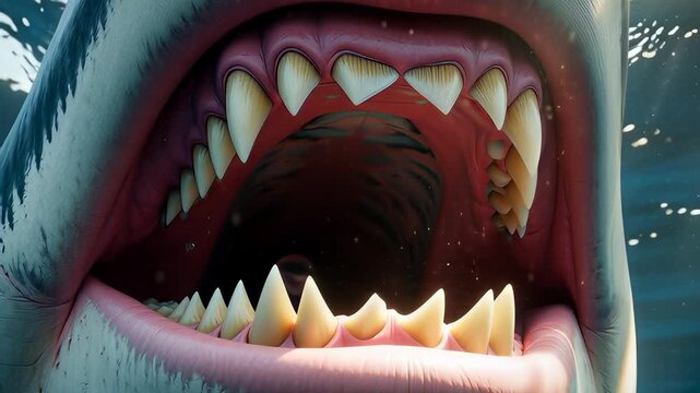 Close up of an aggressive great white shark opening jaws with sharp teeth underwater in a cinematic 3D animation, illustrating marine danger concepts
