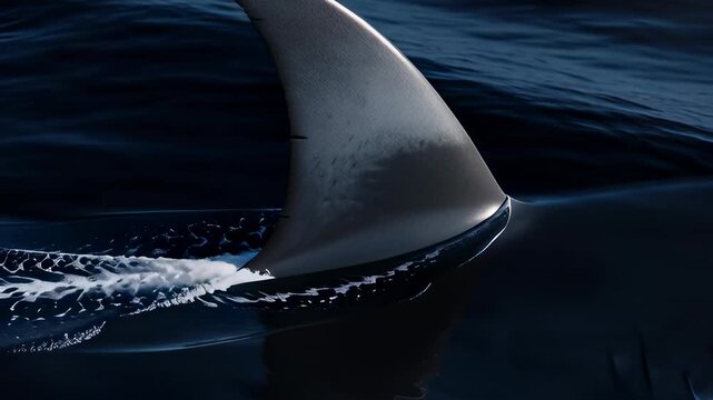 Ominous grey shark fin cutting through deep blue ocean surface with white foam ripples, illustrating danger and predatory wildlife concepts