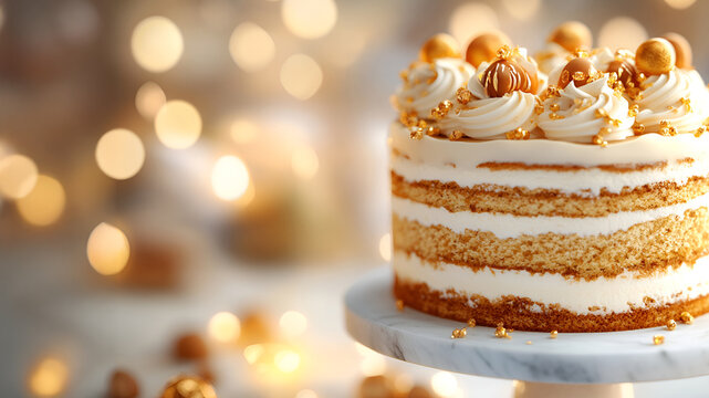 Elegant layered cake with golden decorations for celebration