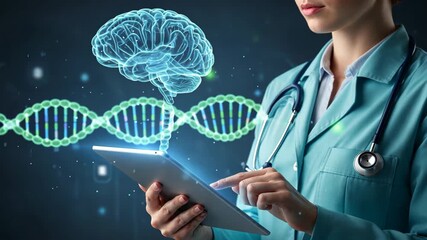 Female doctor with stethoscope using tablet near floating dna and brain, showing genetic research, smart healthcare - Powered by Adobe