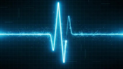 Neon blue pulse line on digital grid background showing heartbeat data for smart healthcare and cardiologist research - Powered by Adobe