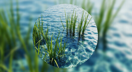 Close-up of Green Reeds in Clear Rippling Water grass