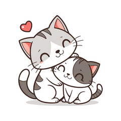 Obraz premium Two adorable cartoon cats hugging each other with a small pink heart floating above them