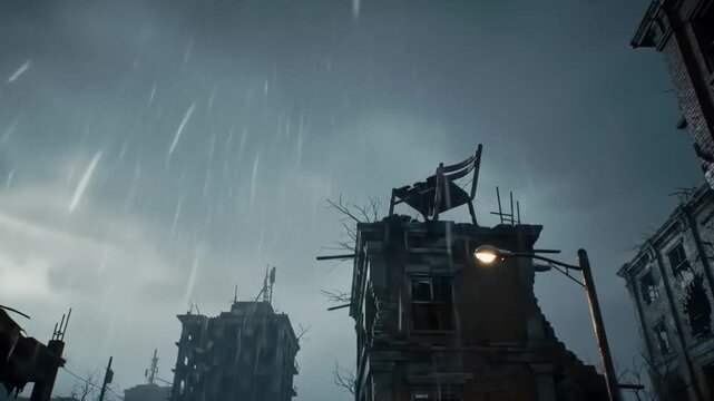 Post-apocalyptic city with a chair on a ruined building.