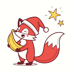Cute cartoon fox wearing a santa hat holding a banana with stars