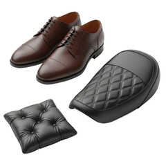 Obraz premium Classic brown leather dress shoes and a black quilted motorcycle seat cushion isolated on transparent background