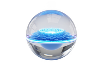 Blue flower inside glass sphere isolated on transparent background for design and decoration