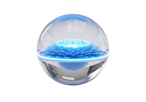 Blue flower inside glass sphere isolated on transparent background for design and decoration
