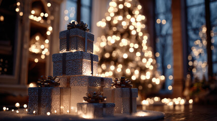 Decorated Christmas gifts stacked in front of a lit tree