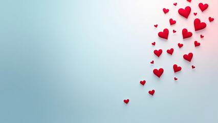 Red hearts drift diagonally on blue-pink—floating in soft gradient light, evoking warmth, affection, and the gentle ascent of romantic emotion.
