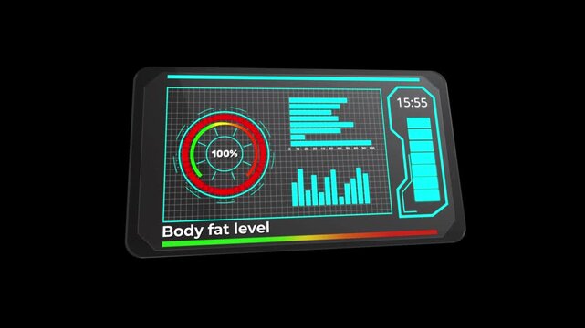 hologrambased fitness monitor displaying body composition details clearly, augmented reality health dashboard presenting body fat percentage alongside bmi guidance and professional planning tools