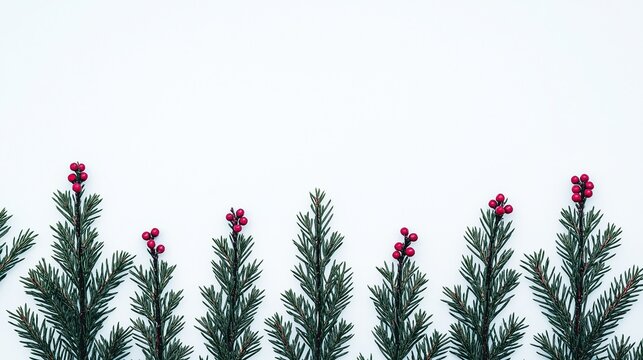 Row of Christmas tree branches with red berries on white background for holiday decoration and festive design concept