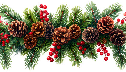 A festive Christmas garland features green evergreen branches, natural pinecones, and vibrant red berries