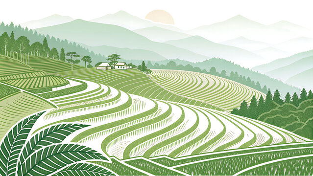 Ziro Valley rice terraces in vector art style