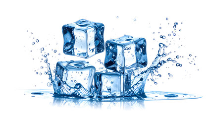 Four ice cubes falling with water droplets isolated on transparent background