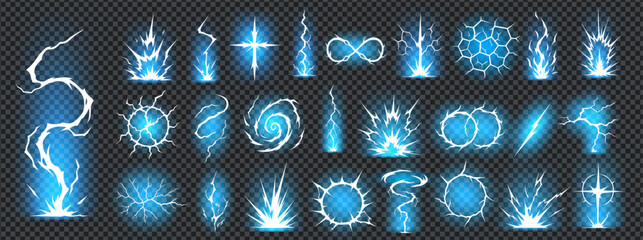 Comic lightning bolt effect shows thunder energy with manga-style background and electric glow. Blue neon light elements create storm power and dynamic strike for game, anime or digital VFX design.