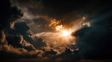 Golden sunlight peeking through dark storm clouds