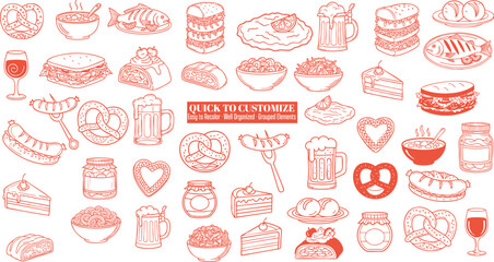 Hand drawn red line art food vector set with beer mugs, pretzels, sausages and sandwiches arranged in playful seamless pattern on white background for menu design