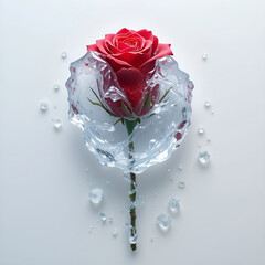 Metallic glass rose blooming with reflective light, elegant surreal petals shimmering softly.