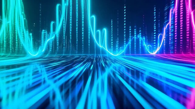 Neon sound wave patterns on reflective surface