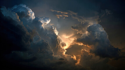 Dramatic clouds with golden sunlight peeking through a dark sky