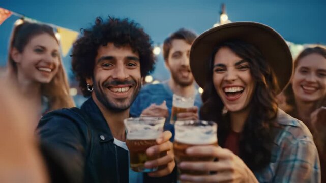 A handheld pov video captures diverse young adults cheering, laughing, raising drinks at a vibrant rooftop festival party with string lights and bokeh, unforgettable celebration ambiance