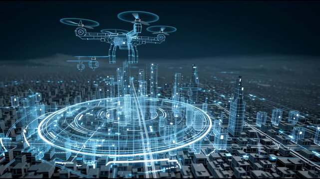 Drone Over the City: A futuristic drone, depicted in a network of interconnected lines, hovers over a sprawling cityscape, representing innovation and the integration of advanced technology.