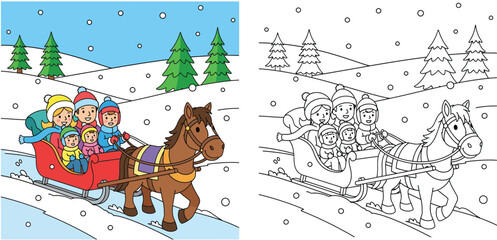 Coloring book page of happy family riding horse sleigh in winter landscape, vector illustration with colored reference and black and white outline for kids activity