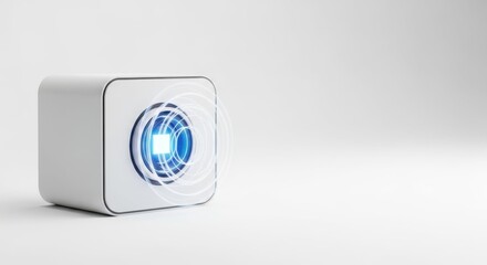 Visualizing technologies of communication, white cube generates waves, radiating a bright blue light on clean backdrop. Communication technologies create future solutions for modern living,