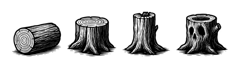 Tree logs and stumps vintage engraving icons set, wooden timber pieces