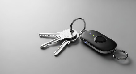 Keys and key fob on gray background for secure communication. Keys and key fob provide security and access control, as symbols of modern technology.