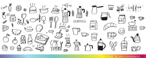 Obraz premium Food doodles,Foods doodles hand drawn sketchy vector symbols and objects