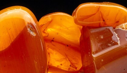 Close-up of polished, translucent orange stones with internal striations and a few black specks on a dark background