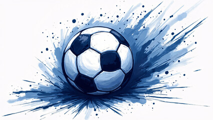 Fototapeta premium Classic soccer ball bursts through blue splash—paint streaks radiate motion and energy, evoking impact, creativity, and the expressive pulse of sport. 
