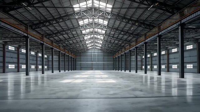 A vast empty industrial warehouse interior with tall steel columns, high truss ceiling, polished concrete floor and evenly spaced structural bays