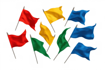Colorful pennant flags waving on transparent background, symbolizing celebration, direction, and event marking for various purposes