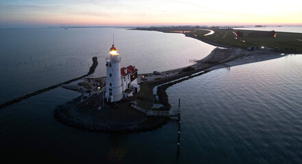 Drone view of the famous Lighthouse of Marken or Paard van Marken, The Netherlands