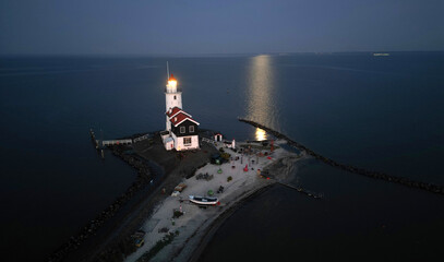 Drone view of the famous Lighthouse of Marken or Paard van Marken, The Netherlands
