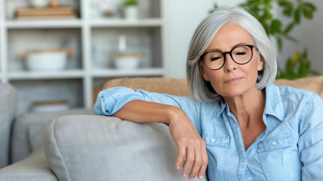 A mature individual in casual wear, deep in thought at home, reflecting on personal insights