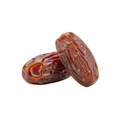 Two dried dates with glossy wrinkled skin and rich brown color isolated on white background for natural sweet snack concepts