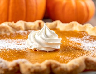 Close-up of pumpkin pie topped with whipped cream, dusted with powdered sugar, two pumpkins in the background