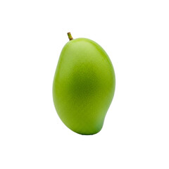 Green unripe mango with smooth skin and short stem isolated on white background for tropical fruit and food concepts
