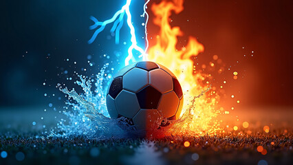Naklejka premium Soccer ball splits fire and lightning—blue splash and orange flame collide in mid-air, evoking intensity, duality, and elemental competition. 