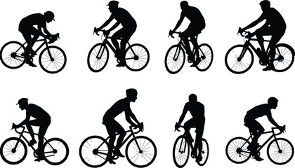 Fototapeta premium Cyclist silhouettes riding bicycles in multiple poses, professional bike riders training, cycling sport illustration for fitness, outdoor activity, racing competition, athletic design