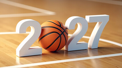 Basketball replaces “0” in white “2027” on court—wood grain and crisp lines evoke clarity, anticipation, and the poised energy of a milestone season.

