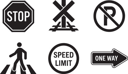 Traffic road safety regulation signs collection including stop speed limit parking and one way symbols